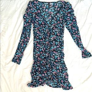 Divided Blue and Pink Ruched Puff Sleeve Mini Dress